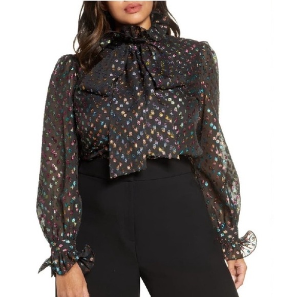 HALOGEN Atlantic-Pacific Metallic Foil Dot Ruffle Bow Detail Blouse Top Large - Picture 1 of 16